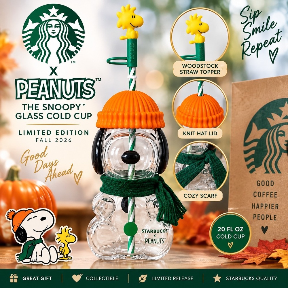 Starbucks x Peanuts Snoopy Glass Cold Cup Woodstock Topper 2026 Limited Edition